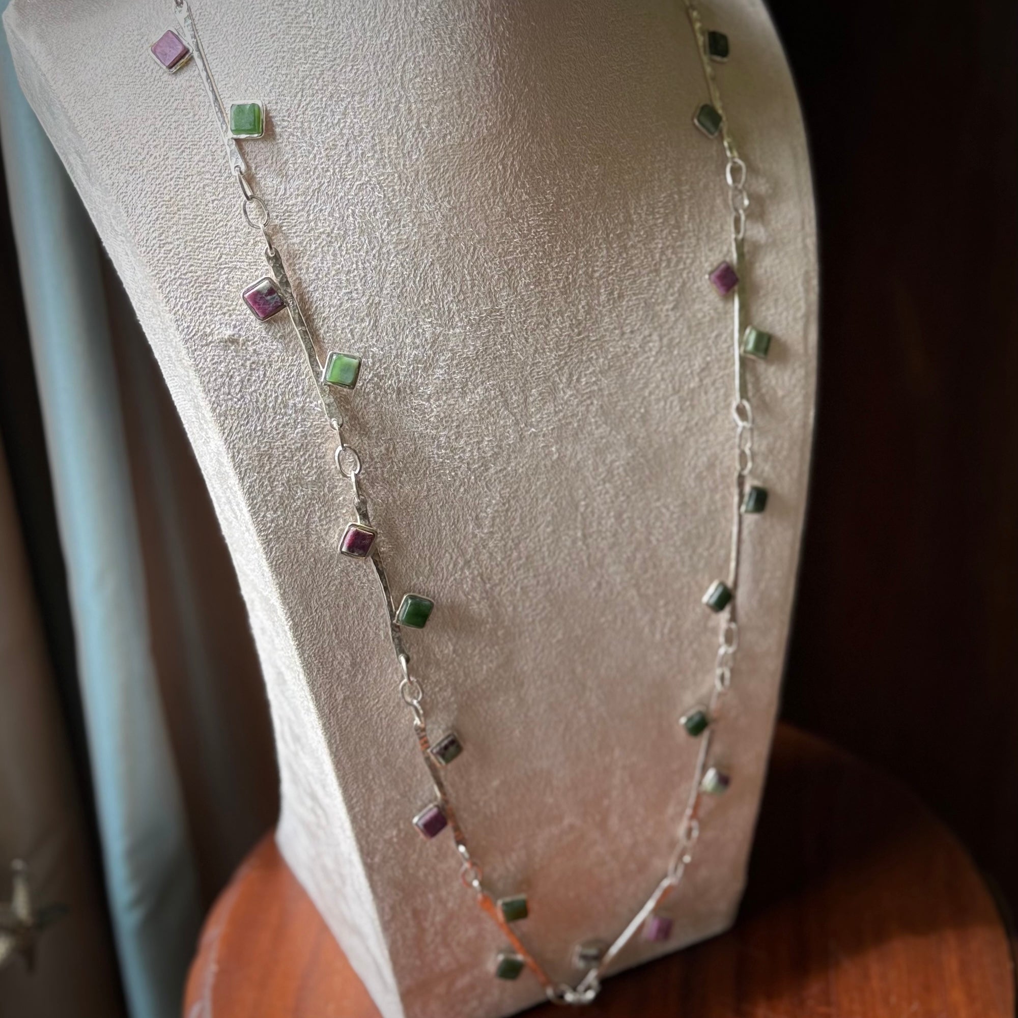 Hand made jade and ruby sterling silver necklace.
