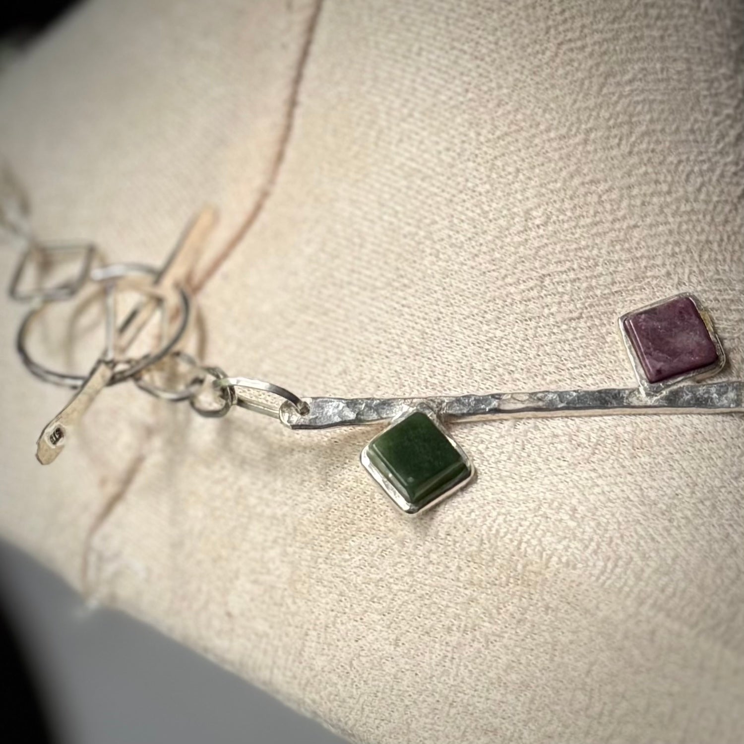 Hand made jade and ruby sterling silver necklace.