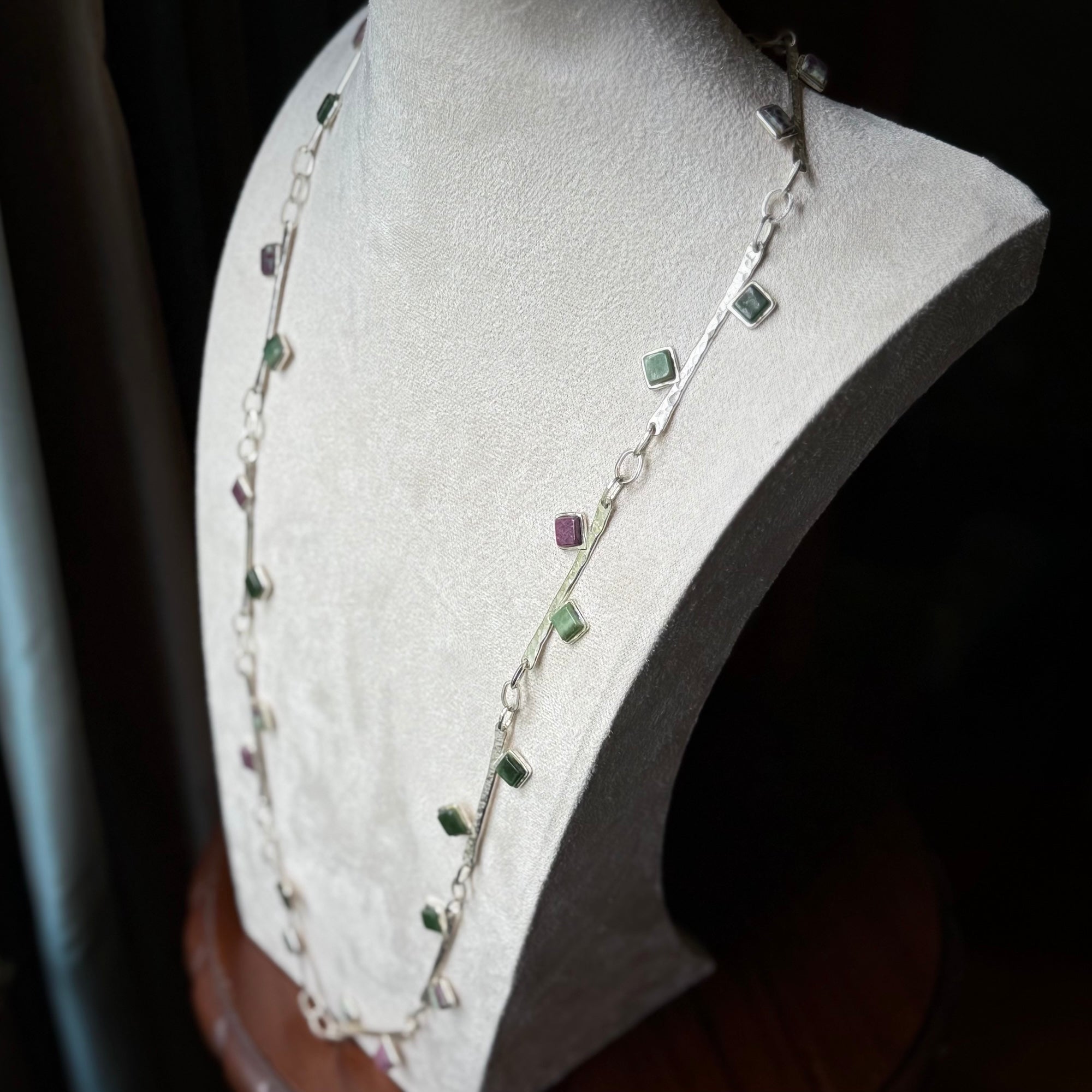 Hand made jade and ruby sterling silver necklace.