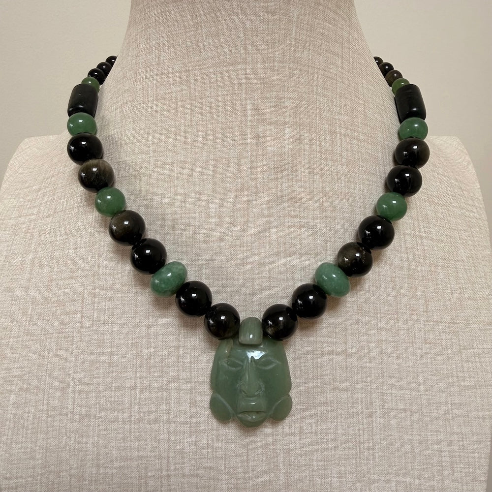 Hand made green aventurine and golden obsidian Mexican necklace