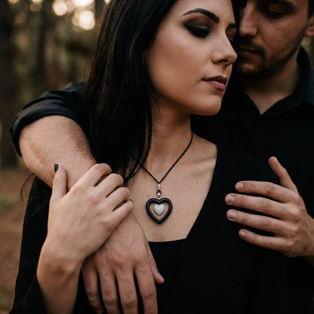 Woman wearing heart necklace