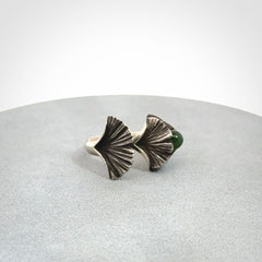 Hand carved jade ginkgo open ring with sterling silver.