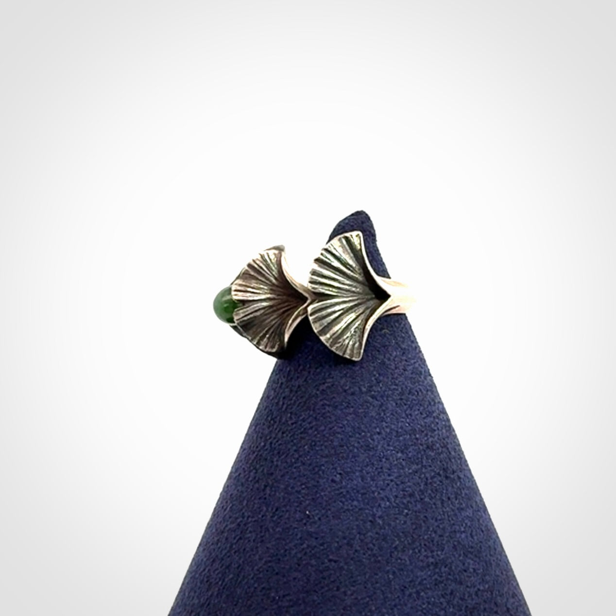 Hand carved jade ginkgo open ring with sterling silver.