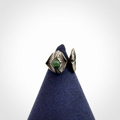 Hand carved jade ginkgo open ring with sterling silver.