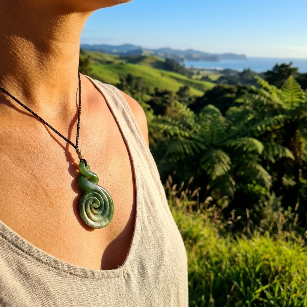 Woman wearing Jade twist pendant