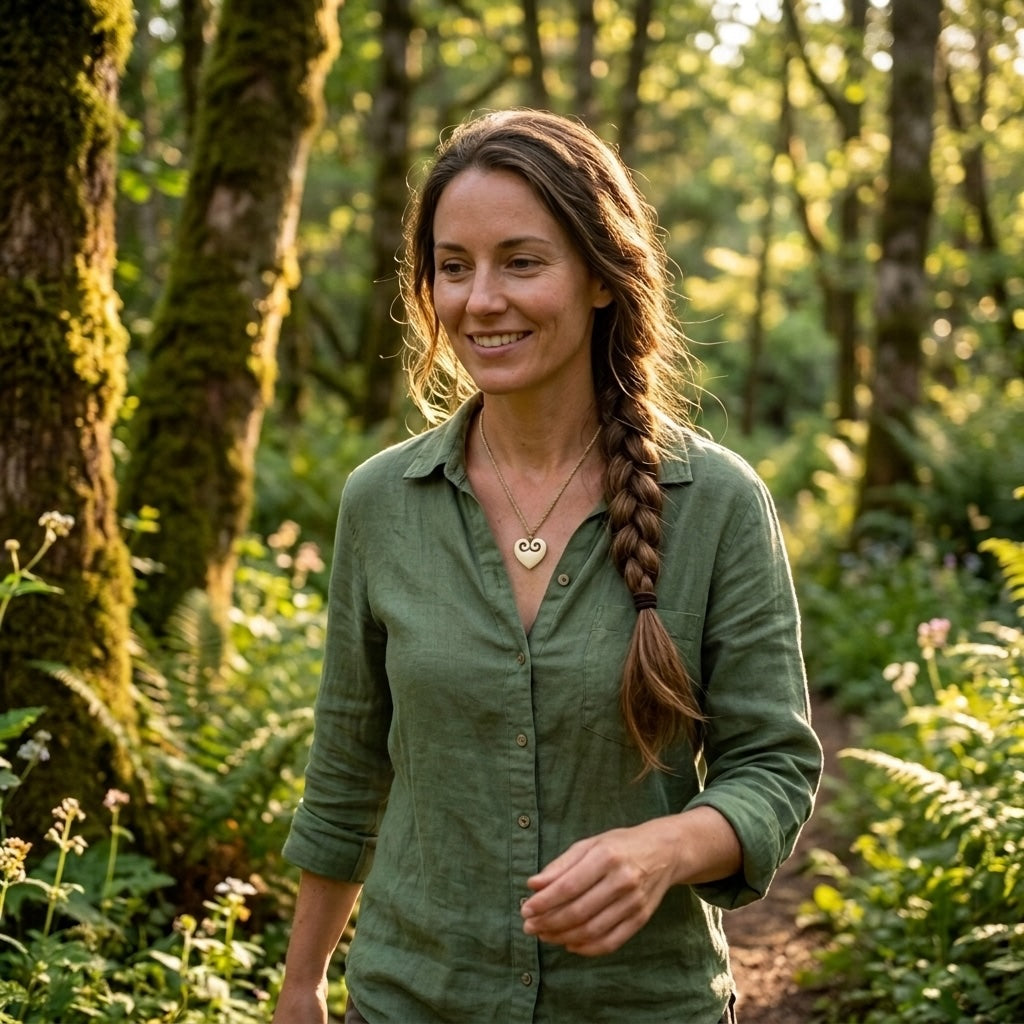 woman wearing bone heart pendant