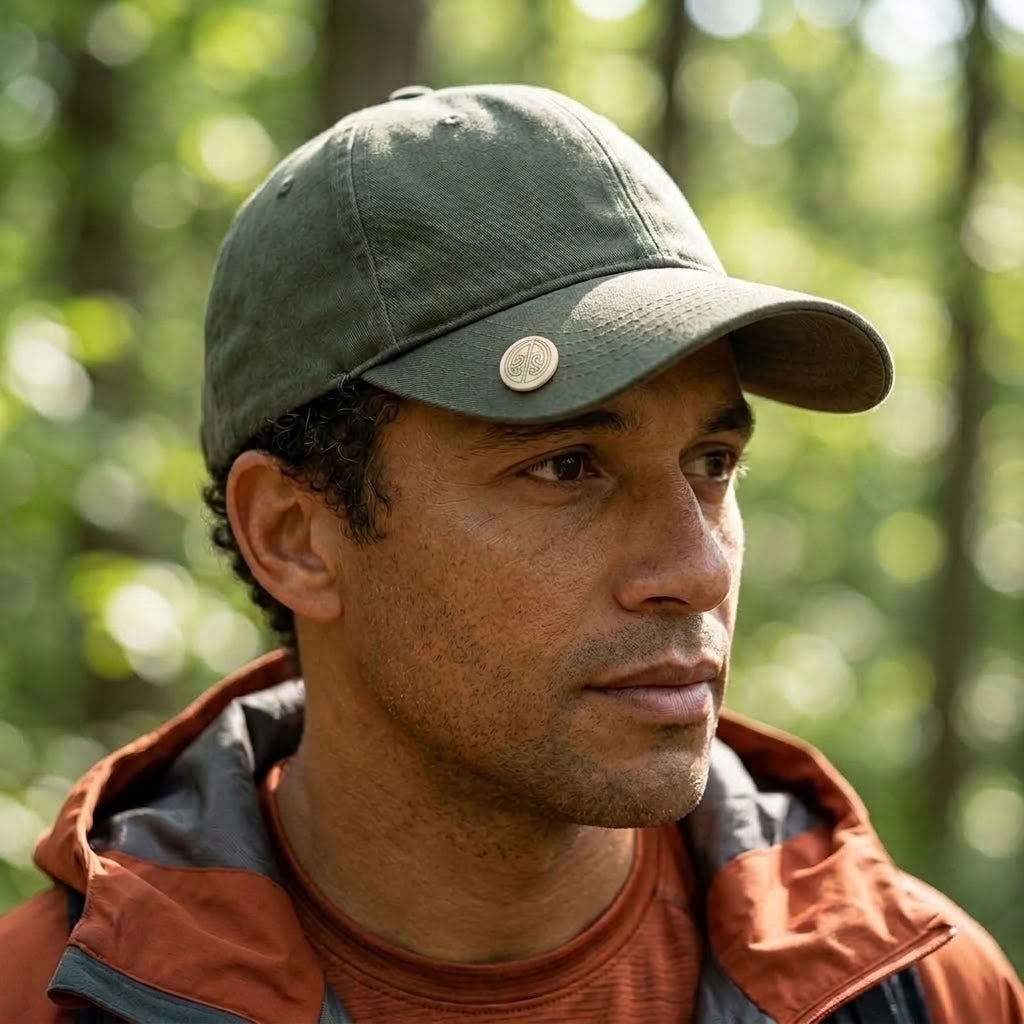 Man wearing bone pin on his cap