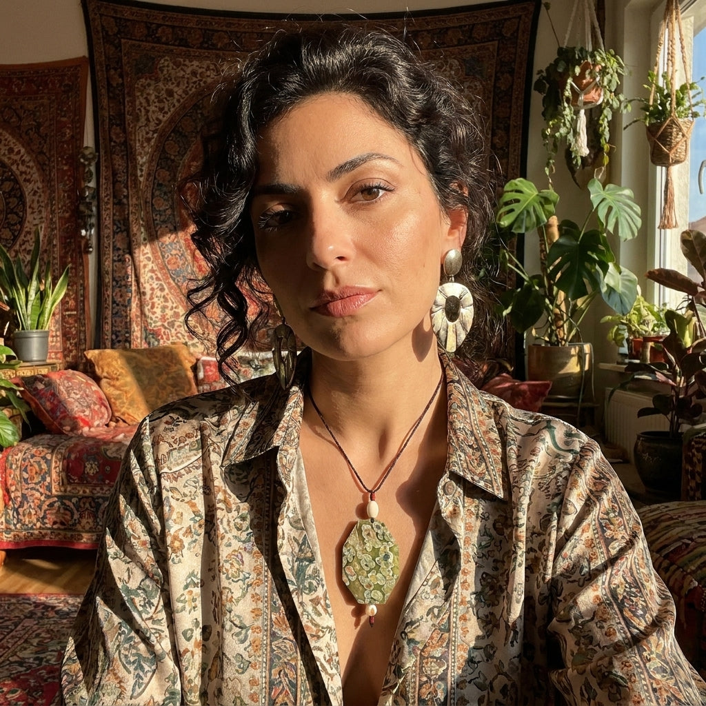 Woman wearing Jasper pendant