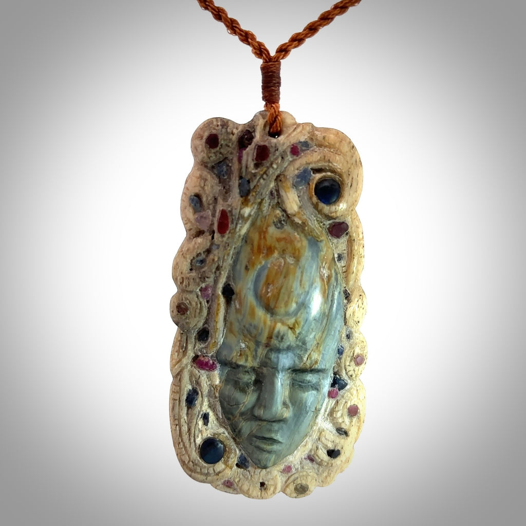 HAND CARVED NEW ZEALAND JADE, WHALE BONE FACE PENDANT. ONE ONLY ART ...