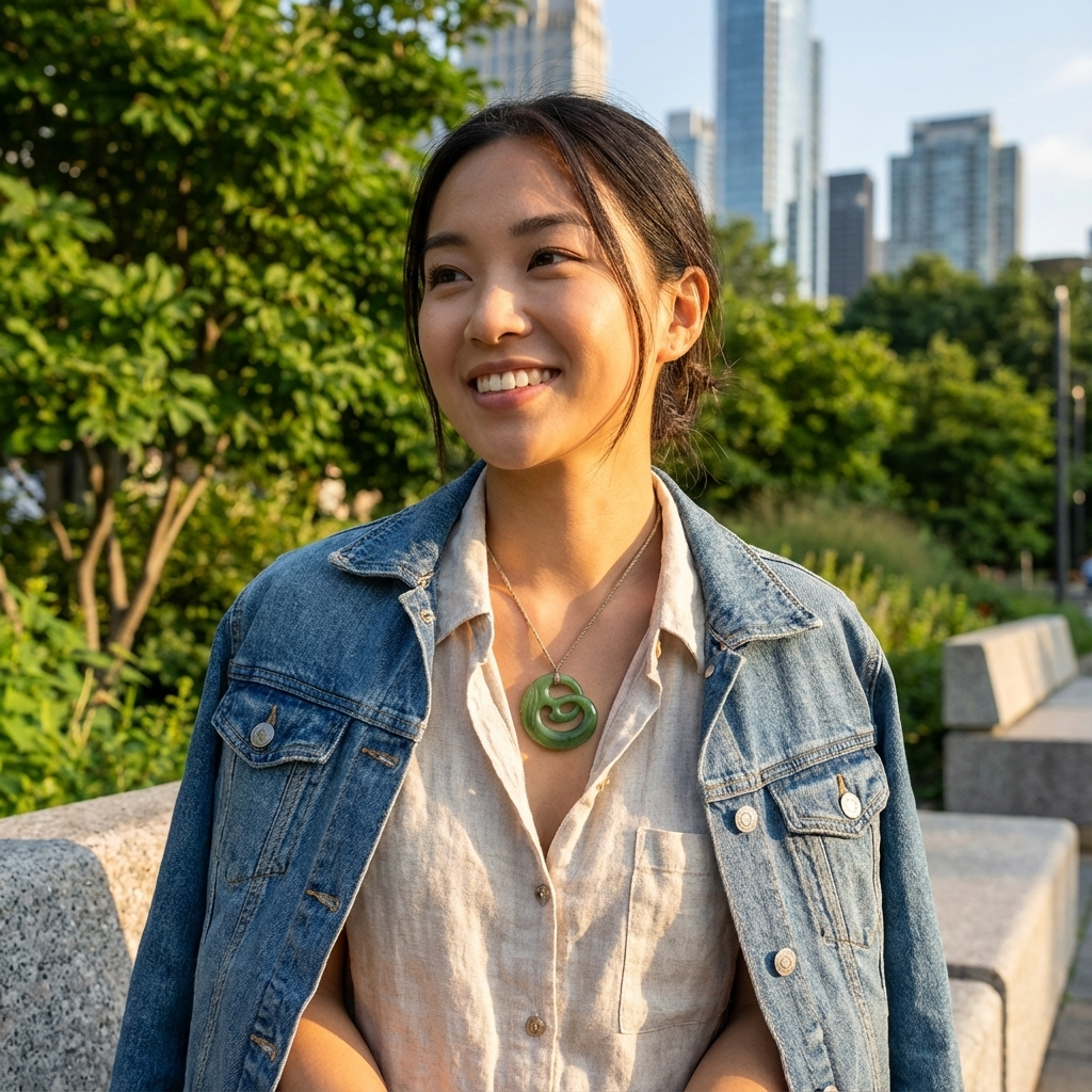 Woman wearing a jade pendant with a cityscape in the background