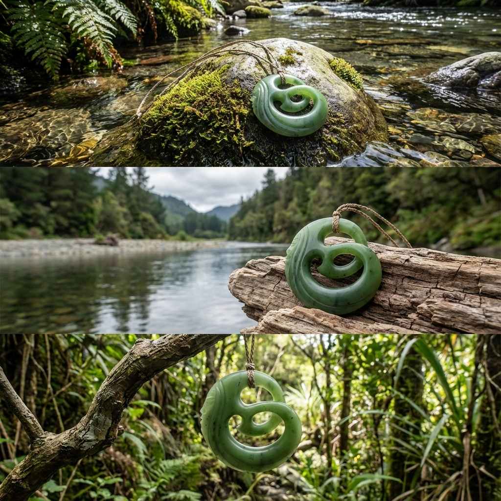 Green jade pendant on a mossy rock by a stream and on a branch over water.