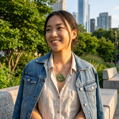 Woman wearing a jade pendant with a cityscape in the background