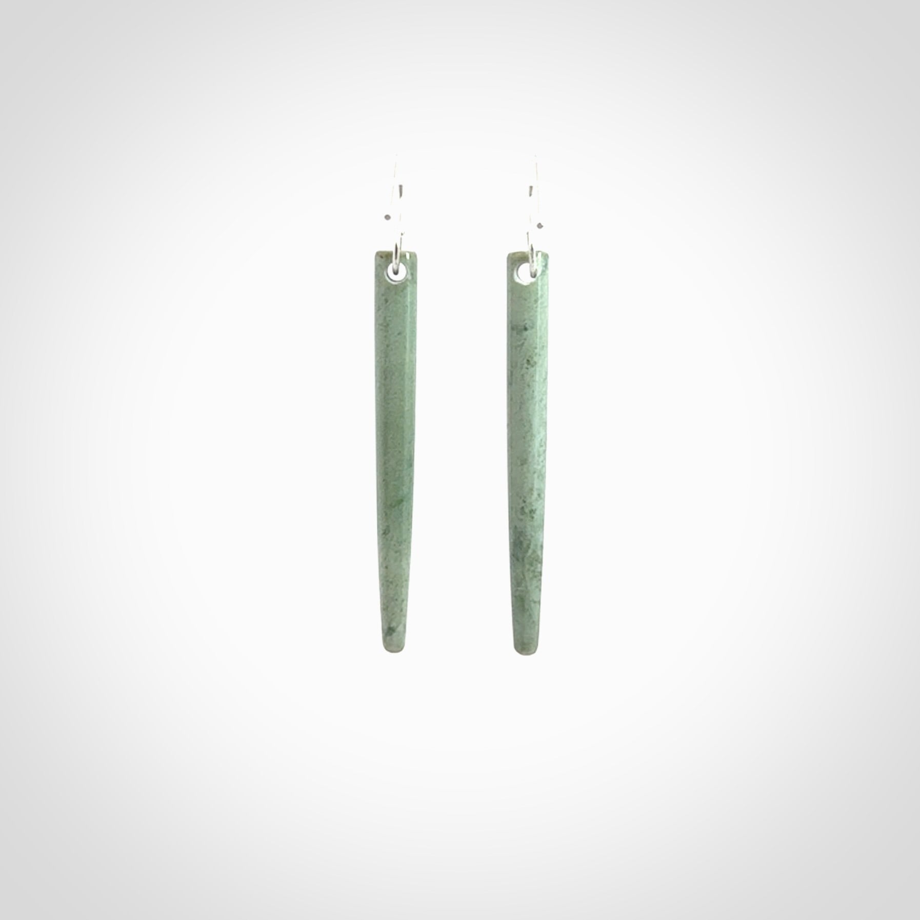 Hand crafted New Zealand Jade Inanga Jade drop earrings with Sterling Silver Hooks. Jade drop earrings, packaged in a woven kete pouch.