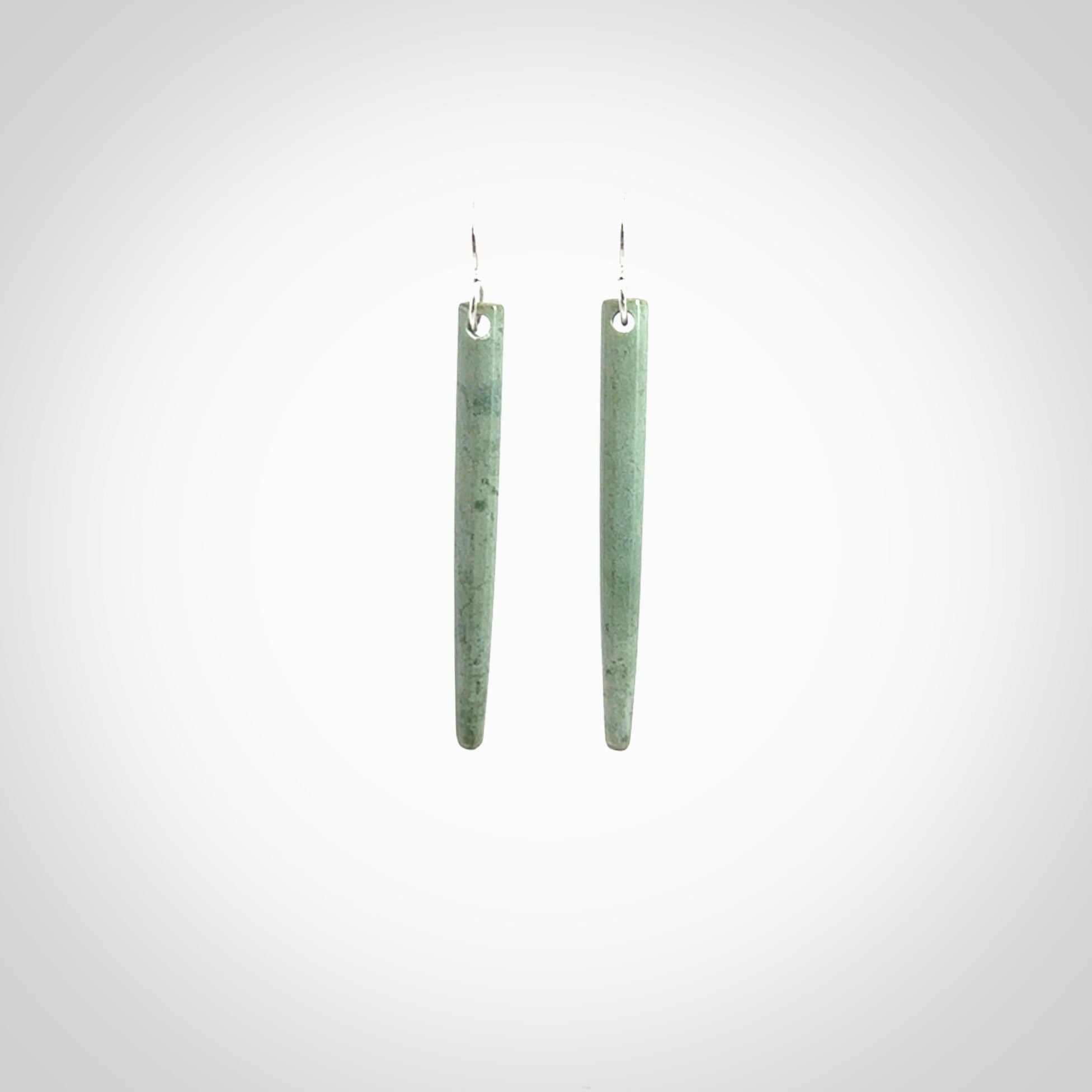 Hand crafted New Zealand Jade Inanga Jade drop earrings with Sterling Silver Hooks. Jade drop earrings, packaged in a woven kete pouch.