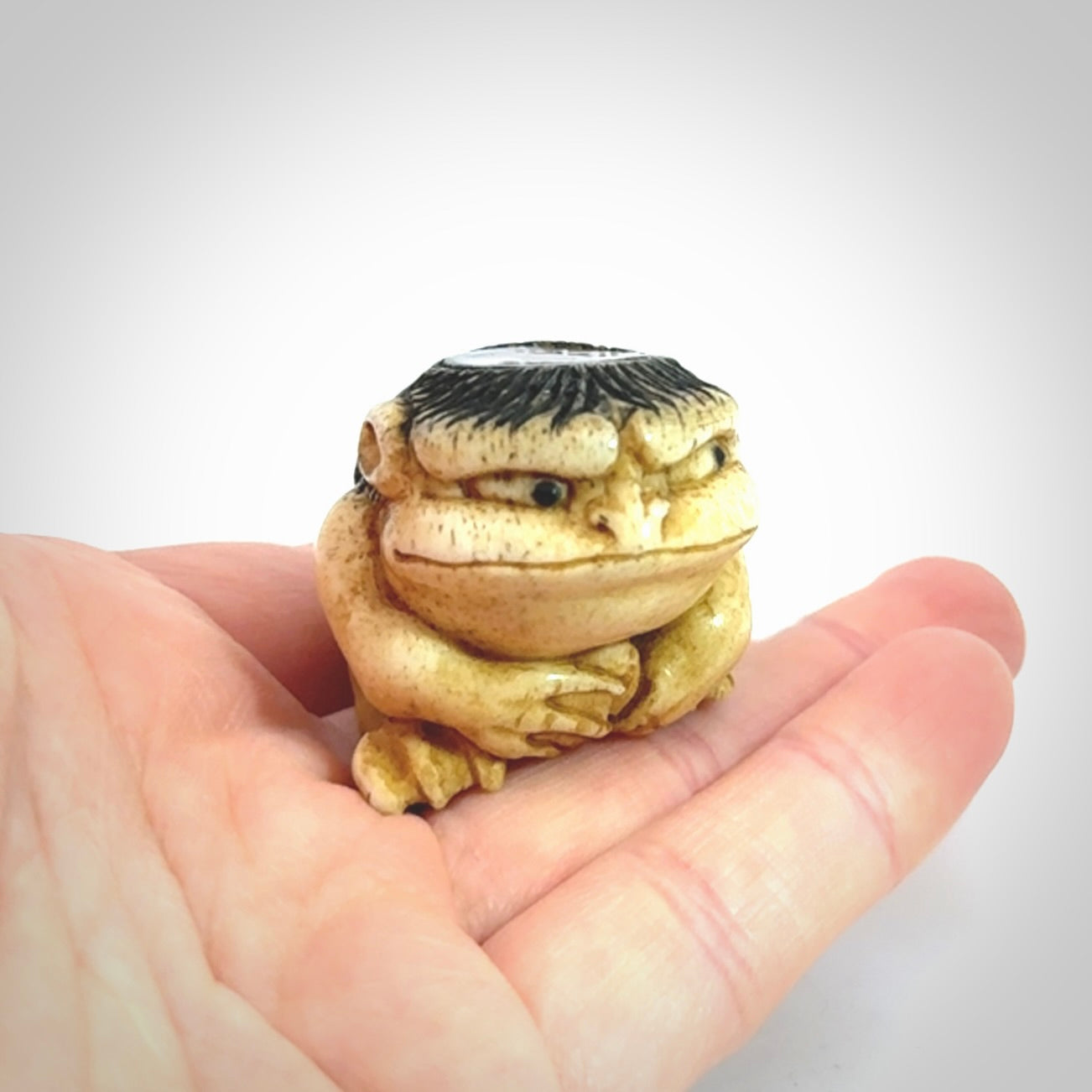 Hand carved incredible Kappa holding cucumber carving in deer antler with paua shell and buffalo horn. A one off collectors item that has been hand crafted to be displayed.