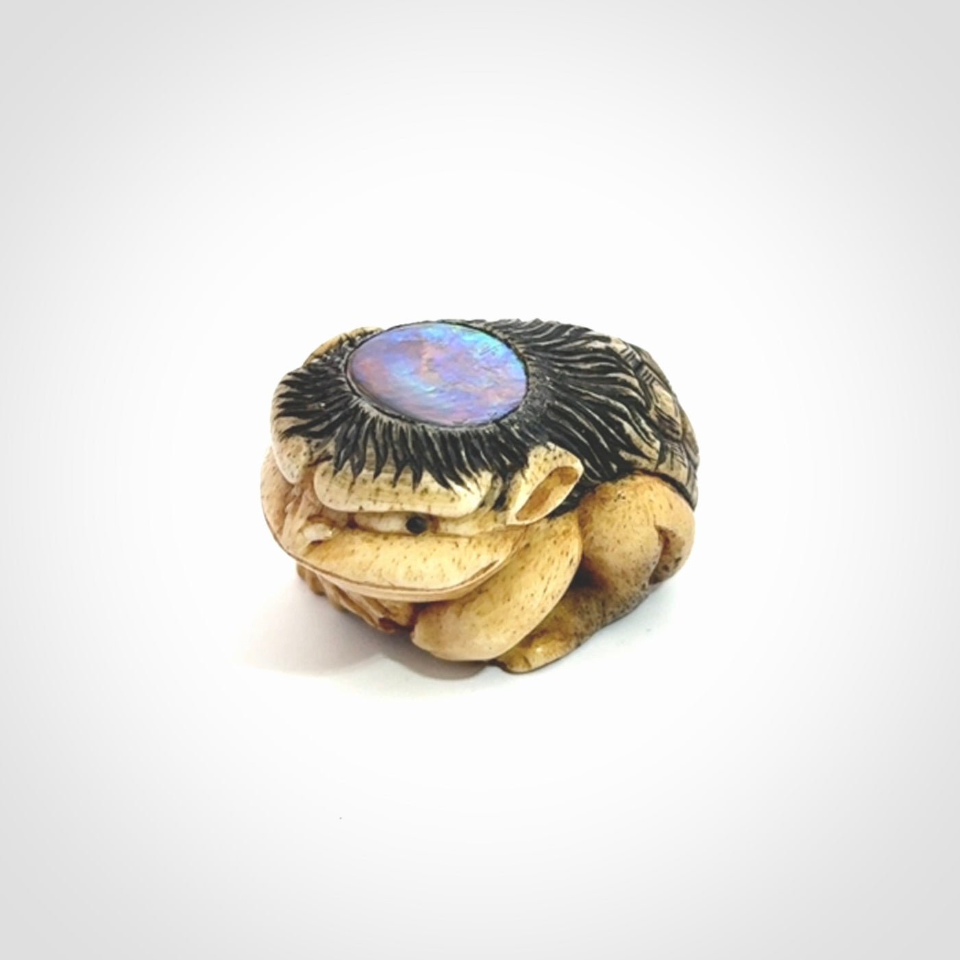 Hand carved incredible Kappa holding cucumber carving in deer antler with paua shell and buffalo horn. A one off collectors item that has been hand crafted to be displayed.