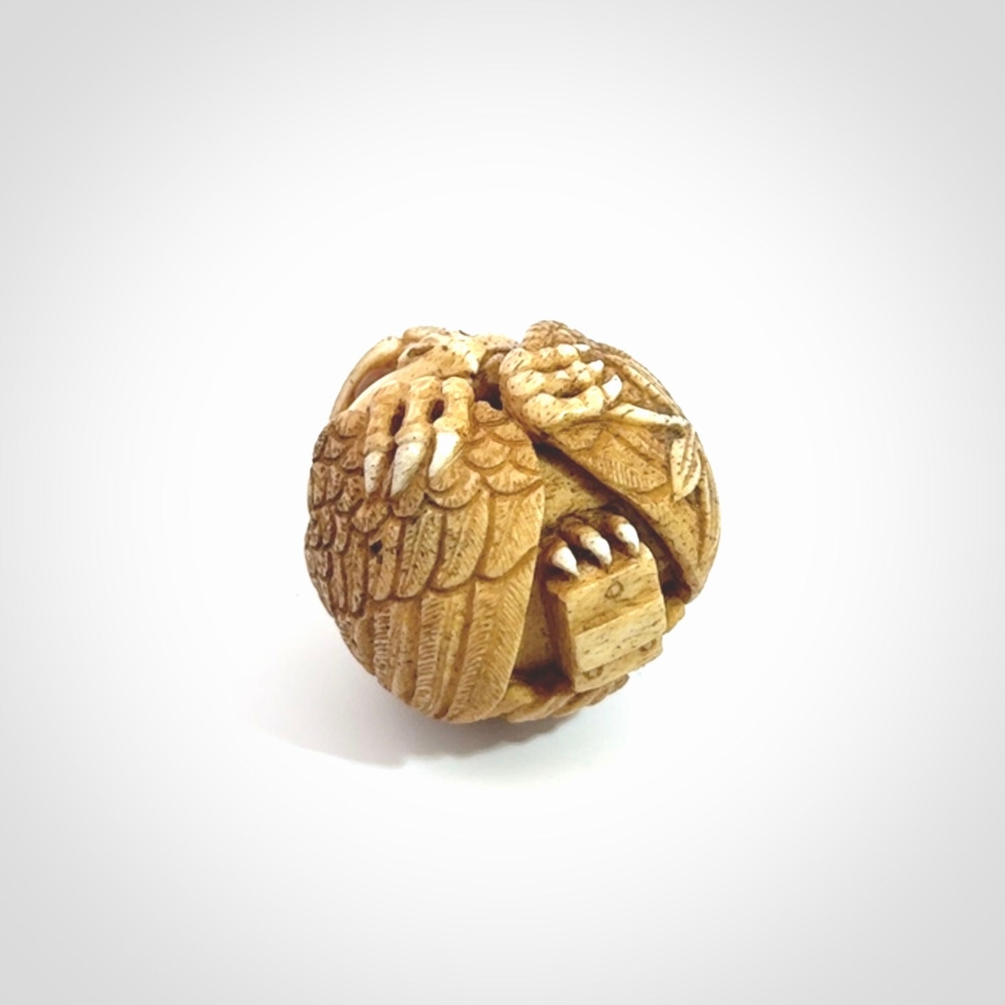 Hand carved Karasu Tengu carving made from Deer antler with Buffalo Horn. Hand made by master bone carver Fumio Noguchi. Spectacular collectable work of art to display. One only, delivered to you at no extra cost with express courier.