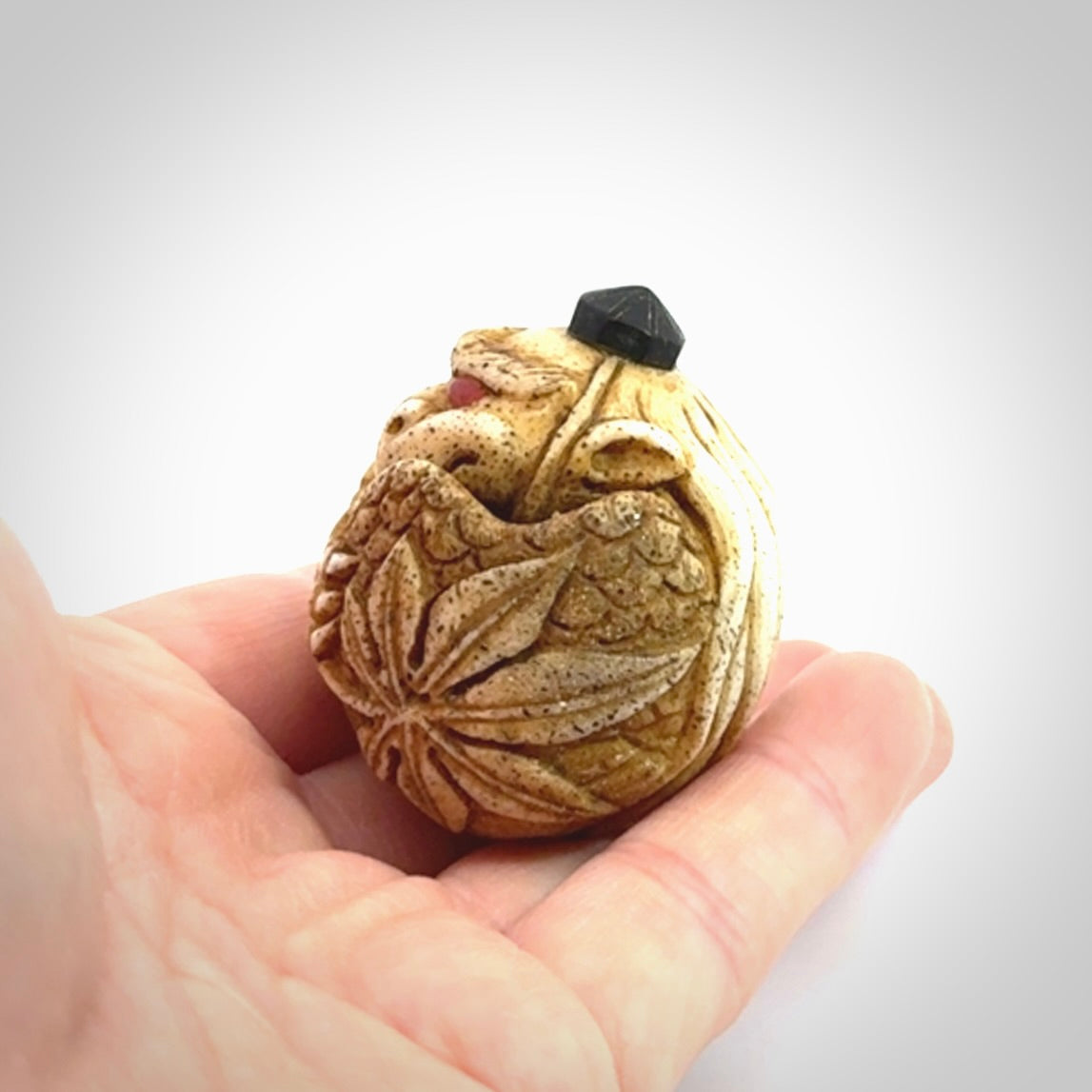 Hand carved Karasu Tengu carving made from Deer antler with Buffalo Horn. Hand made by master bone carver Fumio Noguchi. Spectacular collectable work of art to display. One only, delivered to you at no extra cost with express courier.