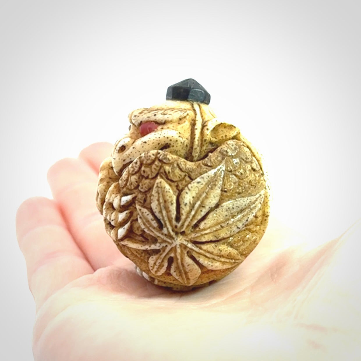 Hand carved Karasu Tengu carving made from Deer antler with Buffalo Horn. Hand made by master bone carver Fumio Noguchi. Spectacular collectable work of art to display. One only, delivered to you at no extra cost with express courier.