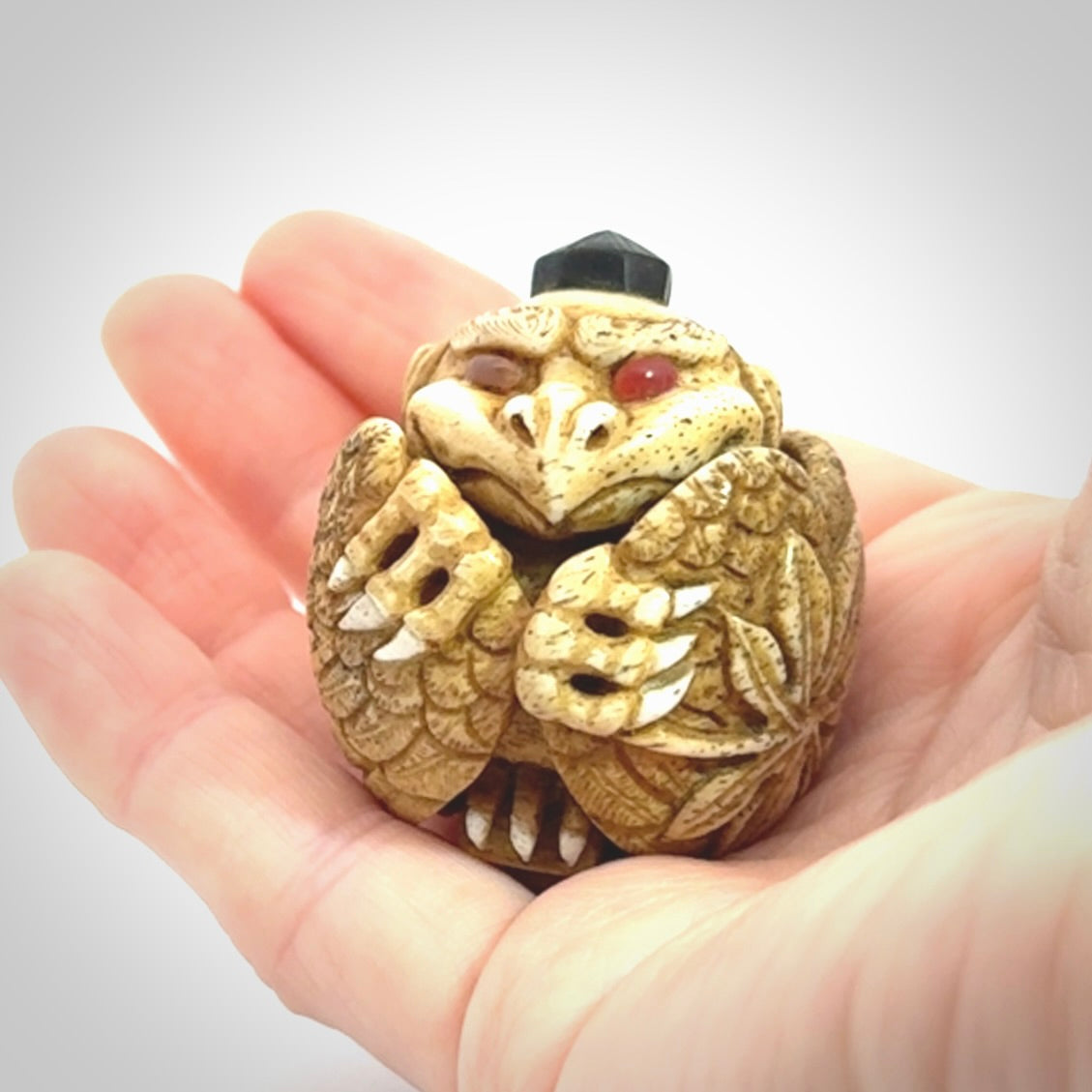 Hand carved Karasu Tengu carving made from Deer antler with Buffalo Horn. Hand made by master bone carver Fumio Noguchi. Spectacular collectable work of art to display. One only, delivered to you at no extra cost with express courier.