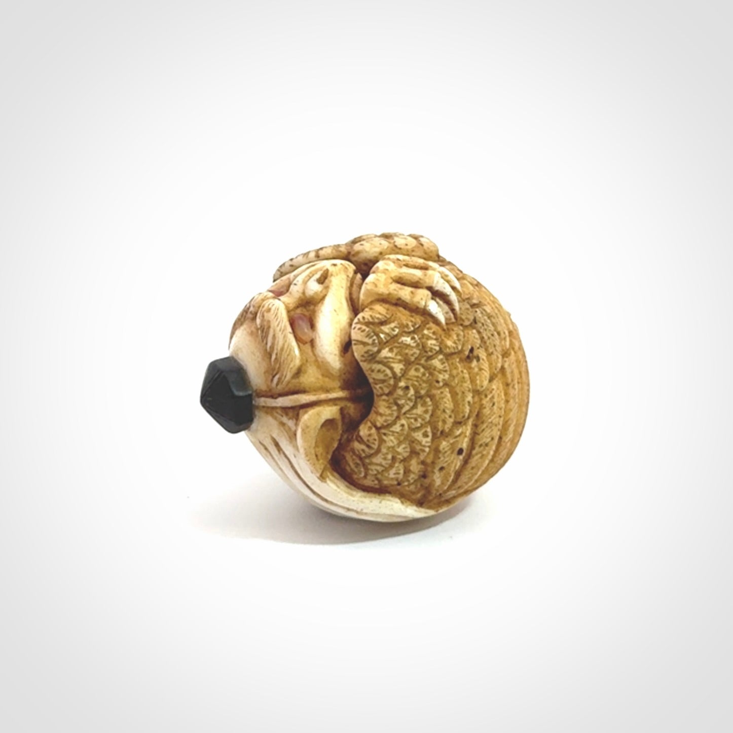 Hand carved Karasu Tengu carving made from Deer antler with Buffalo Horn. Hand made by master bone carver Fumio Noguchi. Spectacular collectable work of art to display. One only, delivered to you at no extra cost with express courier.