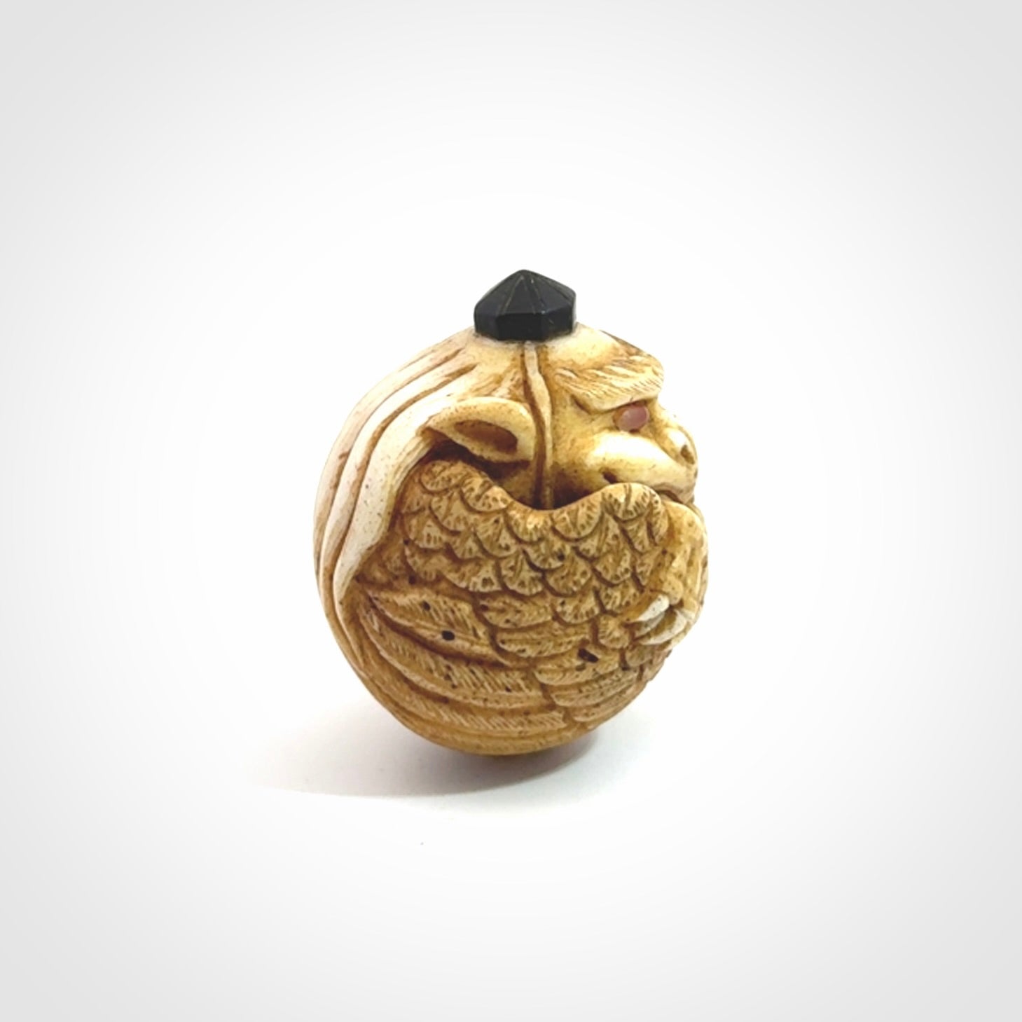 Hand carved Karasu Tengu carving made from Deer antler with Buffalo Horn. Hand made by master bone carver Fumio Noguchi. Spectacular collectable work of art to display. One only, delivered to you at no extra cost with express courier.