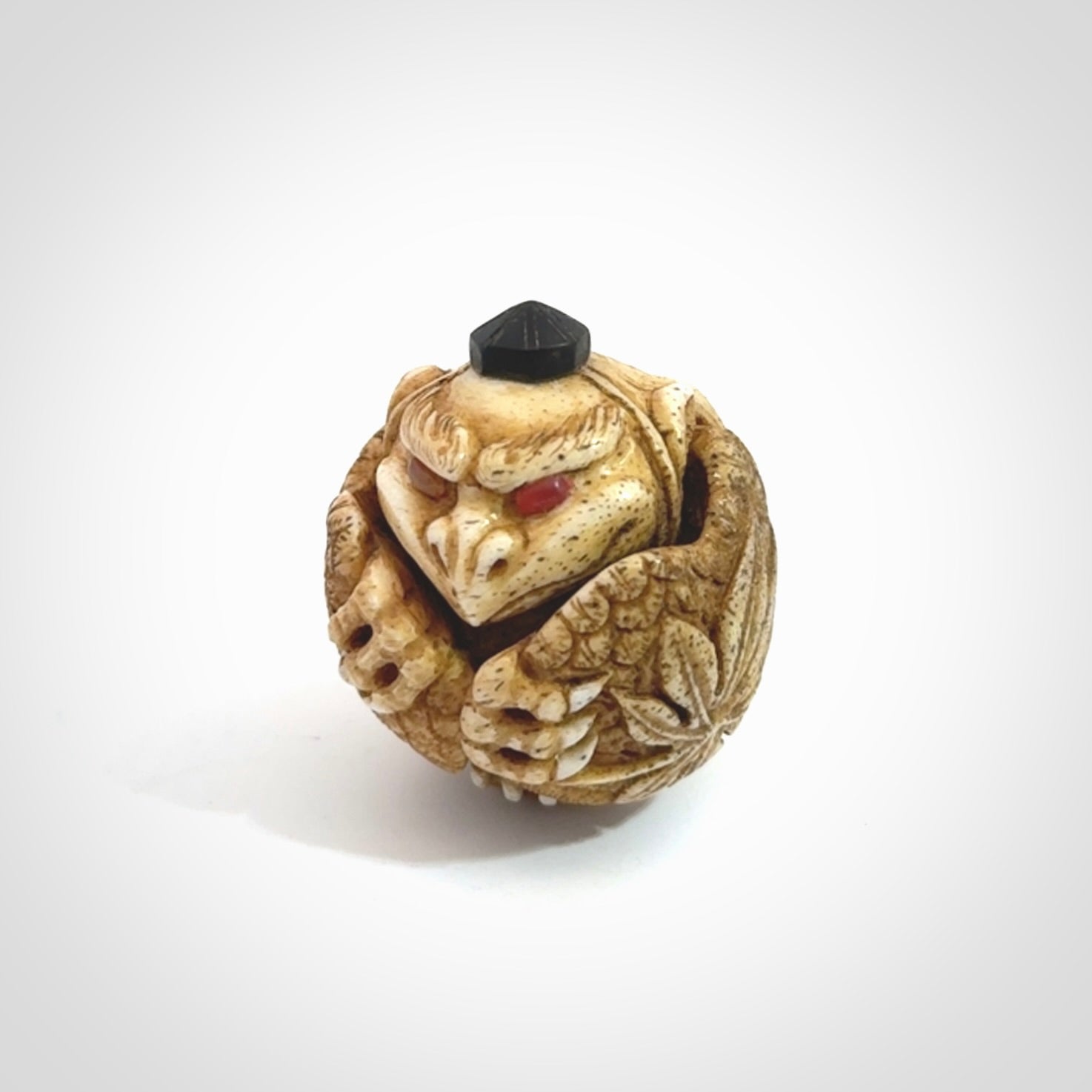 Hand carved Karasu Tengu carving made from Deer antler with Buffalo Horn. Hand made by master bone carver Fumio Noguchi. Spectacular collectable work of art to display. One only, delivered to you at no extra cost with express courier.