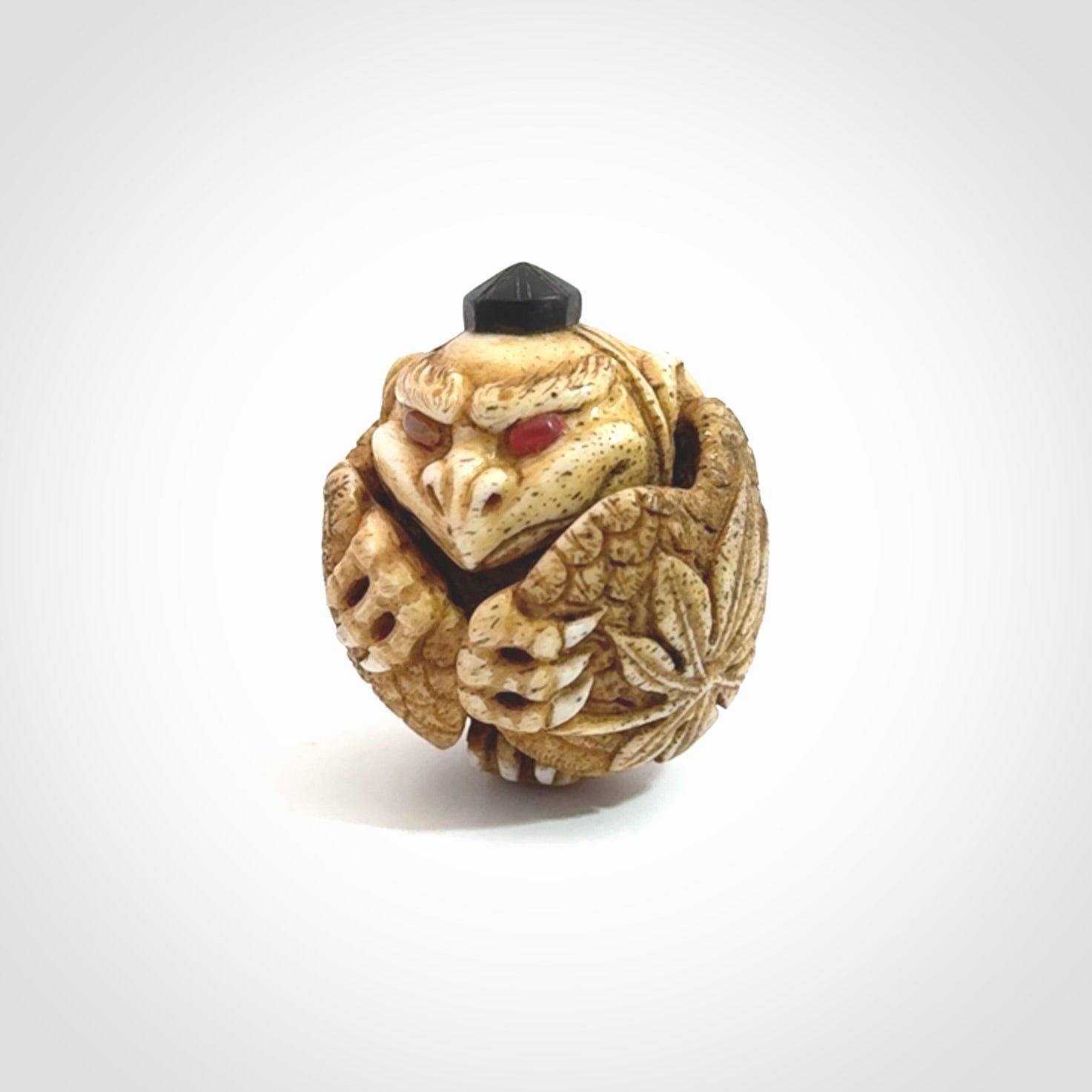 Hand carved Karasu Tengu carving made from Deer antler with Buffalo Horn. Hand made by master bone carver Fumio Noguchi. Spectacular collectable work of art to display. One only, delivered to you at no extra cost with express courier.