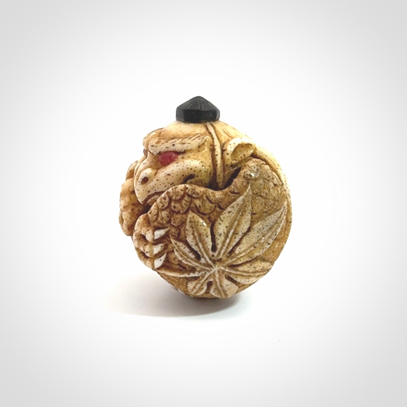 Hand carved Karasu Tengu carving made from Deer antler with Buffalo Horn. Hand made by master bone carver Fumio Noguchi. Spectacular collectable work of art to display. One only, delivered to you at no extra cost with express courier.