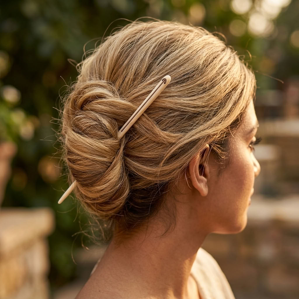 Woman wearing bone hair pin