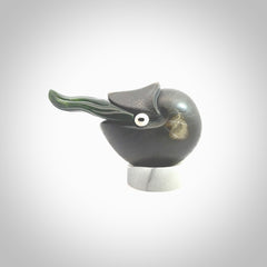 Hand carved New Zealand Jade Nautilus sculpture with Argillite, Bone and Buffalo Horn eyes and Marble stand. Hand made Jade Nautilus sculpture.