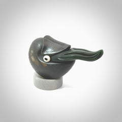 Hand carved New Zealand Jade Nautilus sculpture with Argillite, Bone and Buffalo Horn eyes and Marble stand. Hand made Jade Nautilus sculpture.