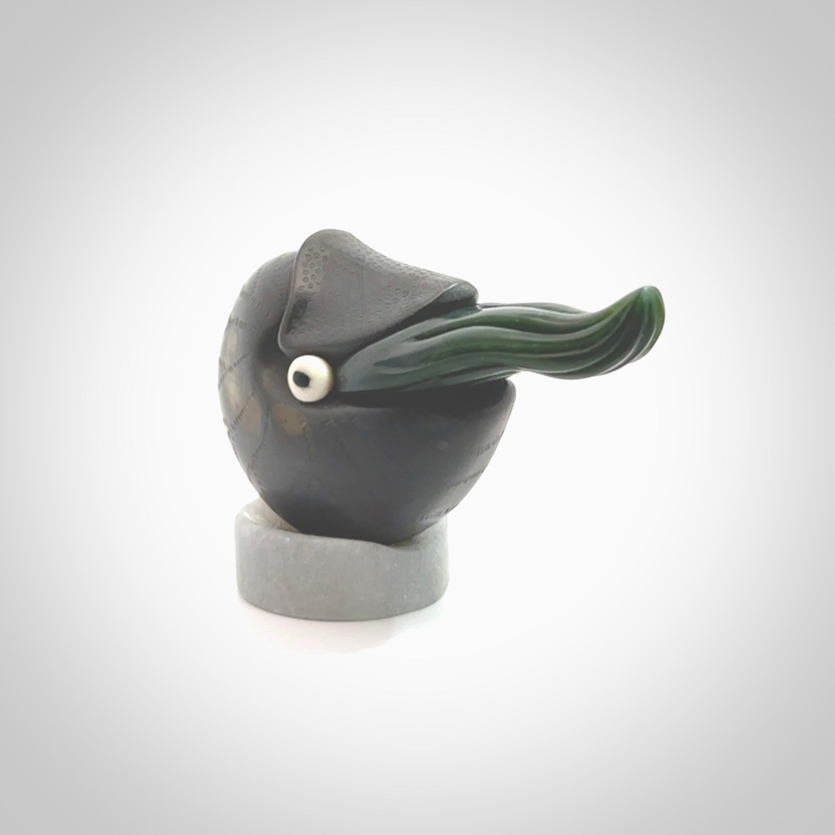 Hand carved New Zealand Jade Nautilus sculpture with Argillite, Bone and Buffalo Horn eyes and Marble stand. Hand made Jade Nautilus sculpture.