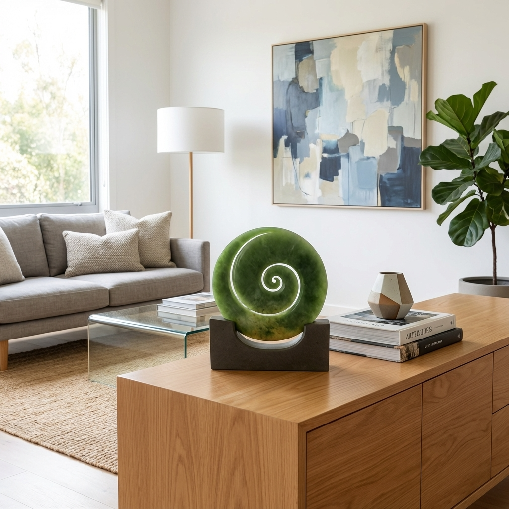 Koru sculpture on a wooden table in a modern living room.
