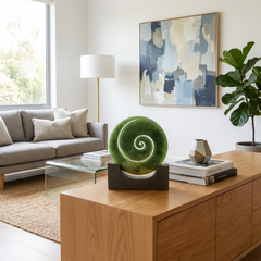 Koru sculpture on a wooden table in a modern living room.