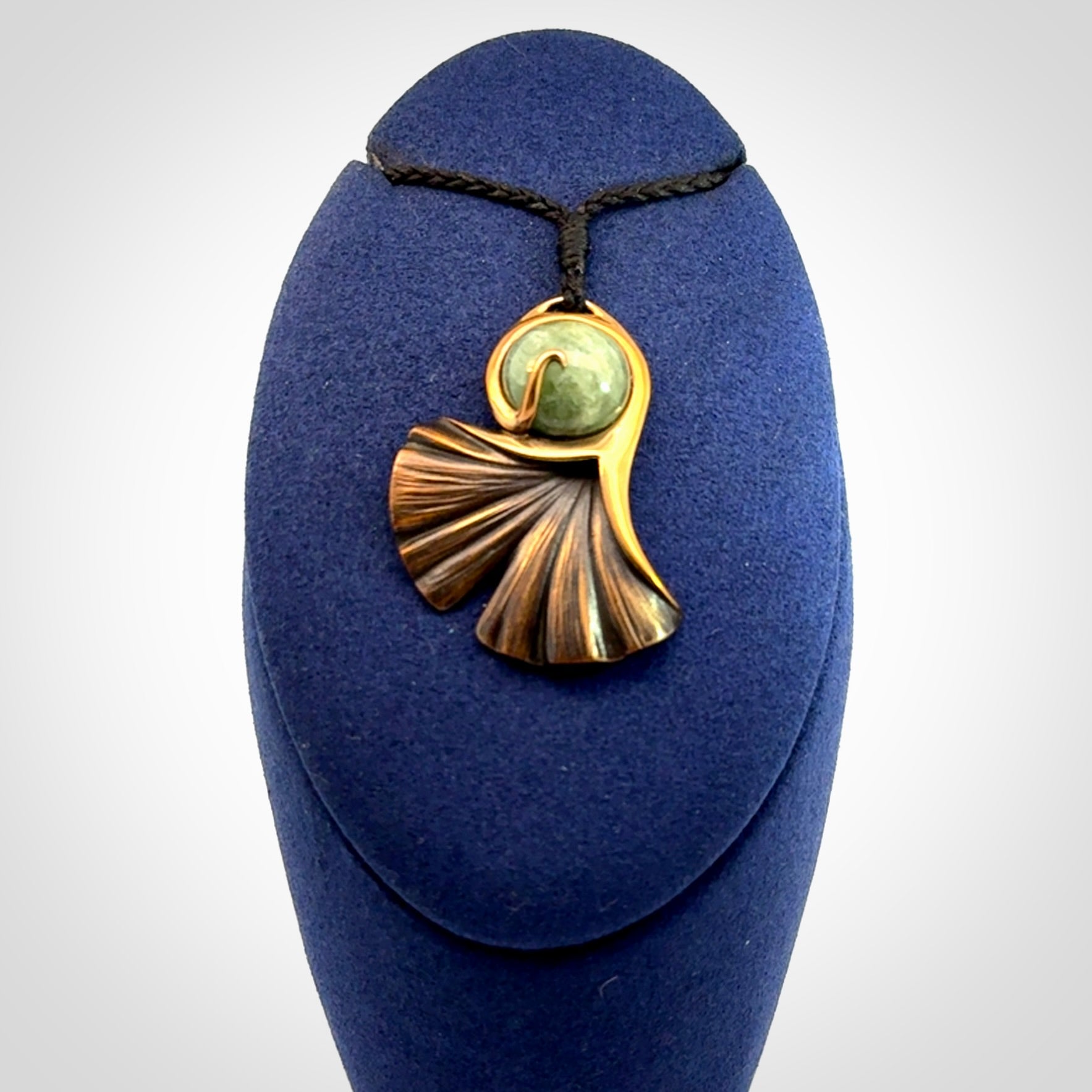 A Graceful Ginkgo Pendant in Bronze with New Zealand Jade