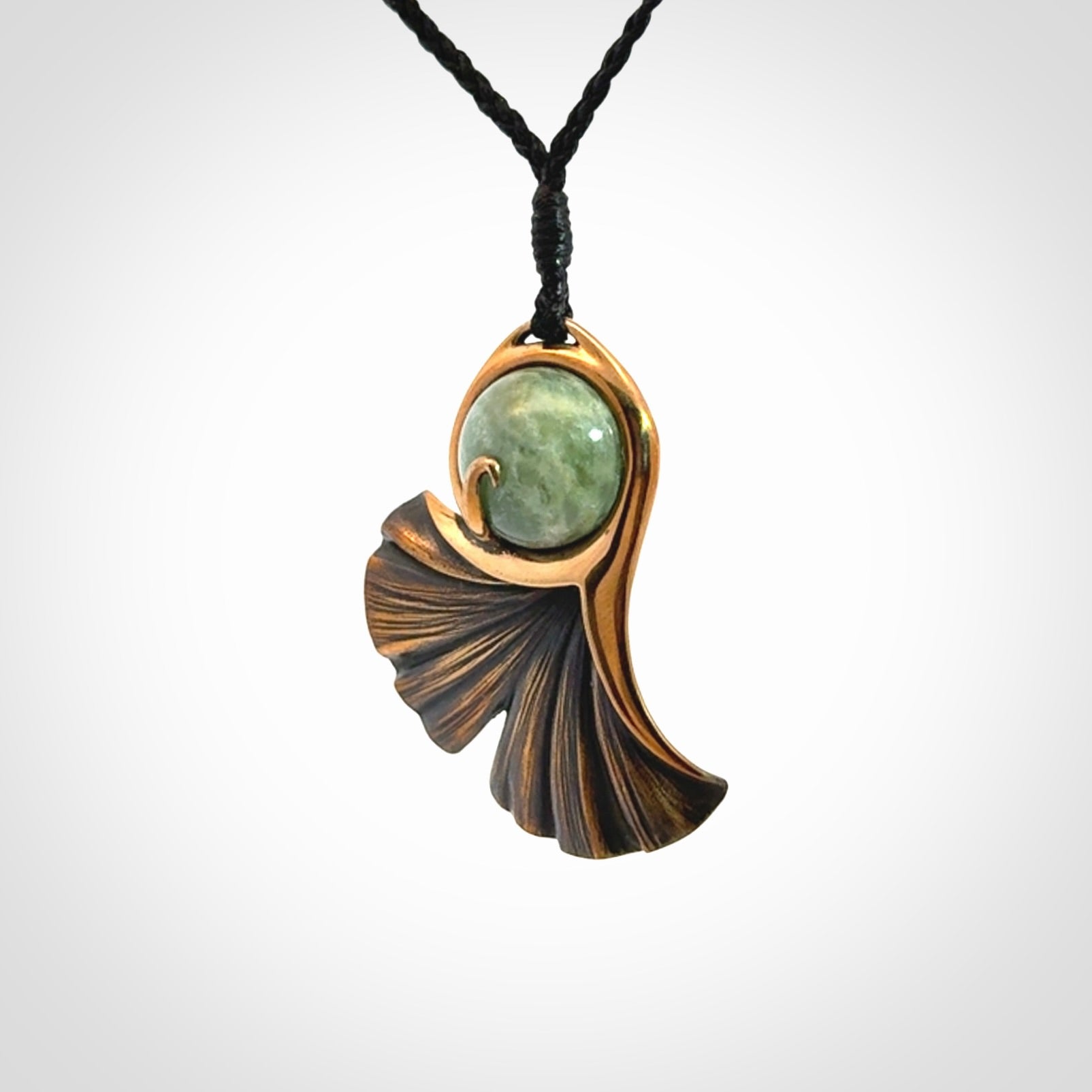 A Graceful Ginkgo Pendant in Bronze with New Zealand Jade