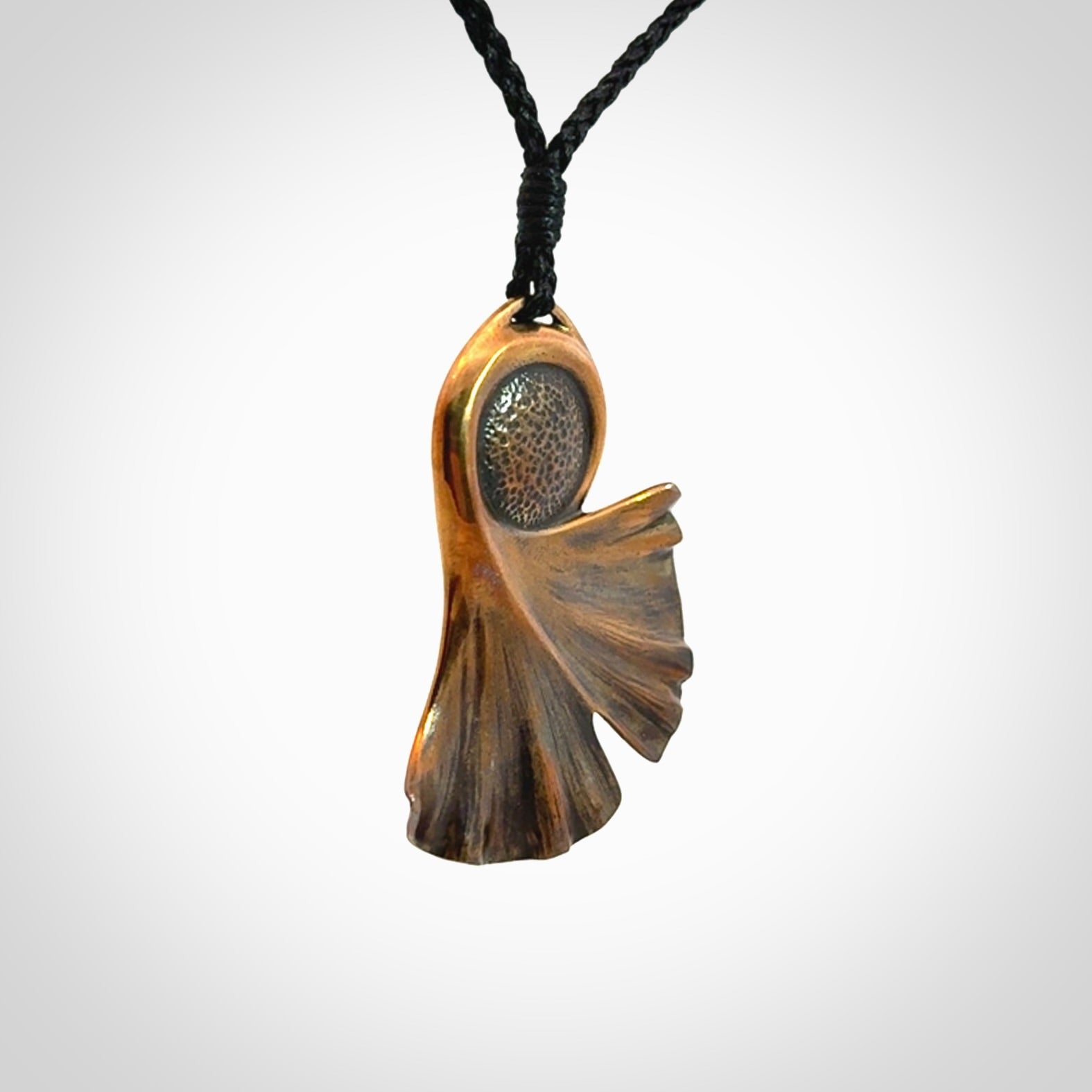 A Graceful Ginkgo Pendant in Bronze with New Zealand Jade
