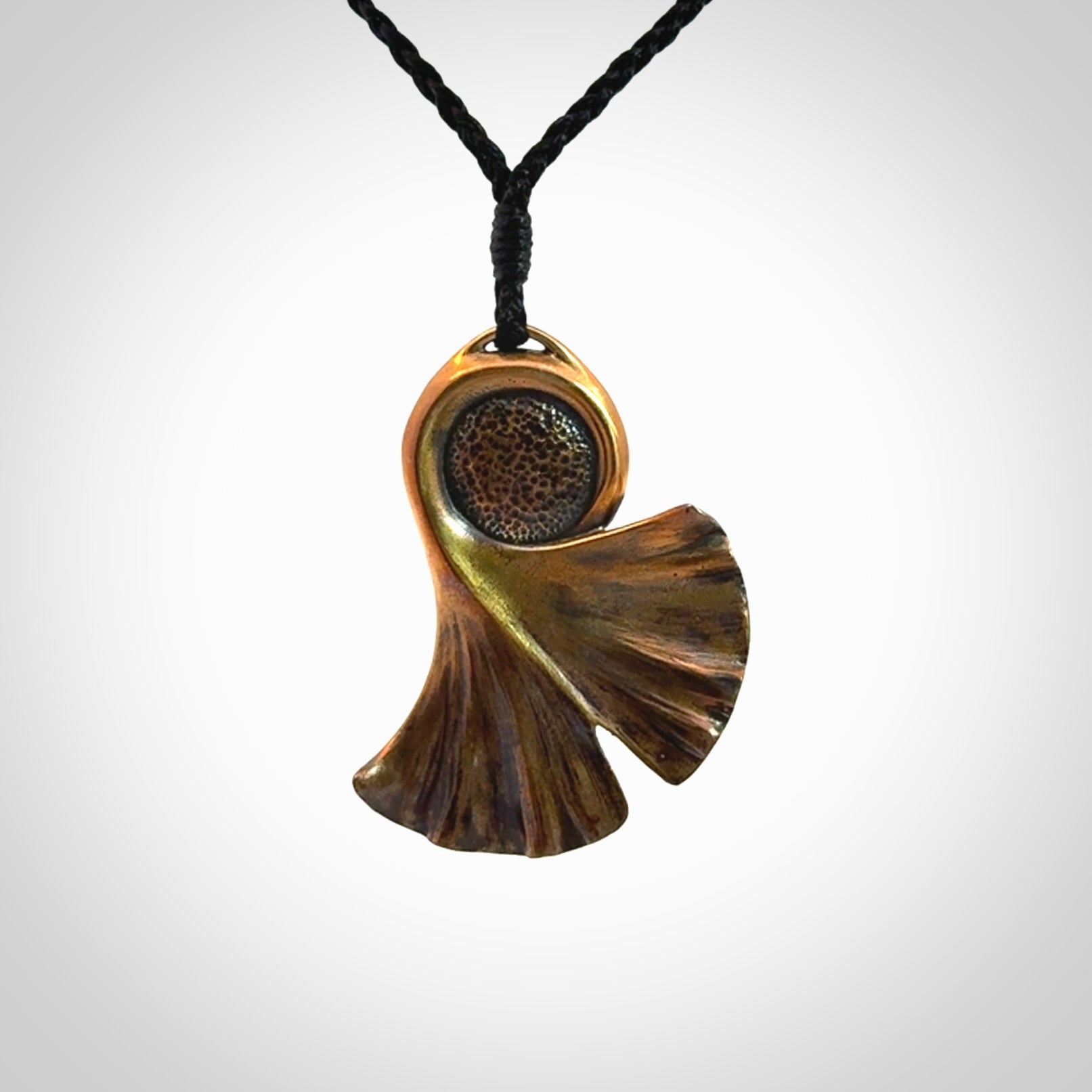 A Graceful Ginkgo Pendant in Bronze with New Zealand Jade