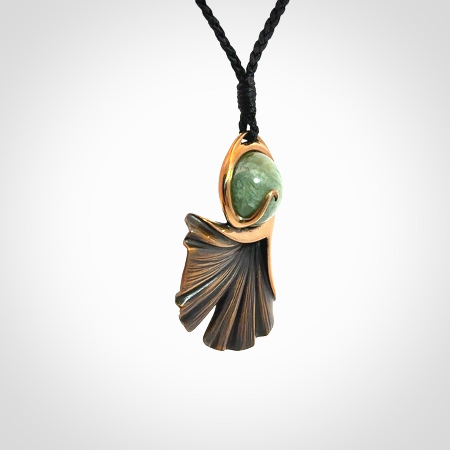 A Graceful Ginkgo Pendant in Bronze with New Zealand Jade