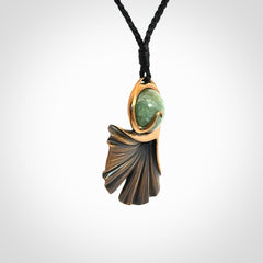A Graceful Ginkgo Pendant in Bronze with New Zealand Jade