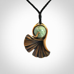 A Graceful Ginkgo Pendant in Bronze with New Zealand Jade