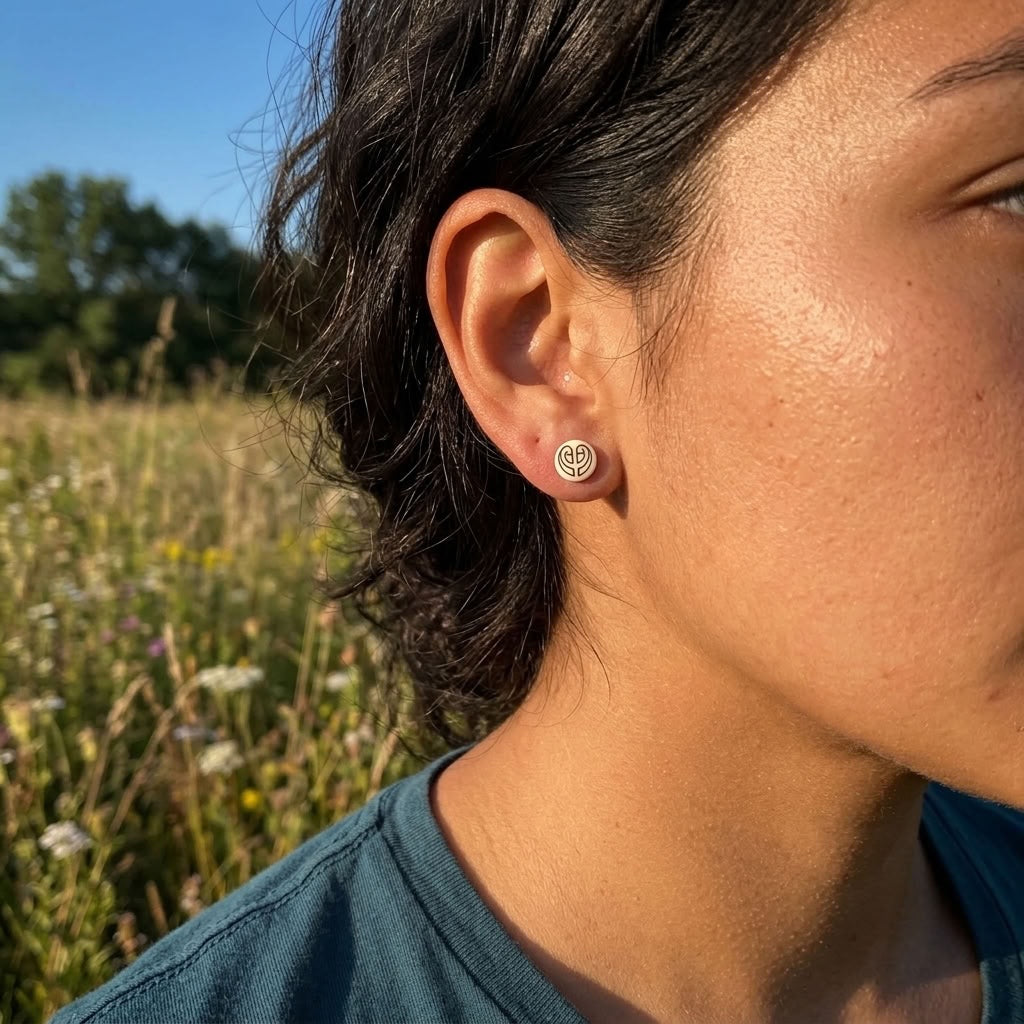 Woman wearing bone stud earrings