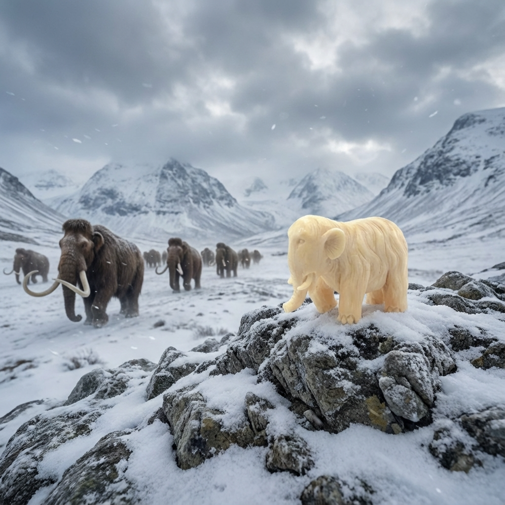 Mammoth pendant standing on a snowy mountain with prehistoric mammoths in the background
