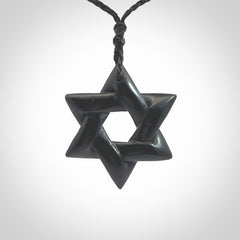 Hand carved Australian Black Jade Magen David pendant. Hand made Black Jade Star of David necklace.