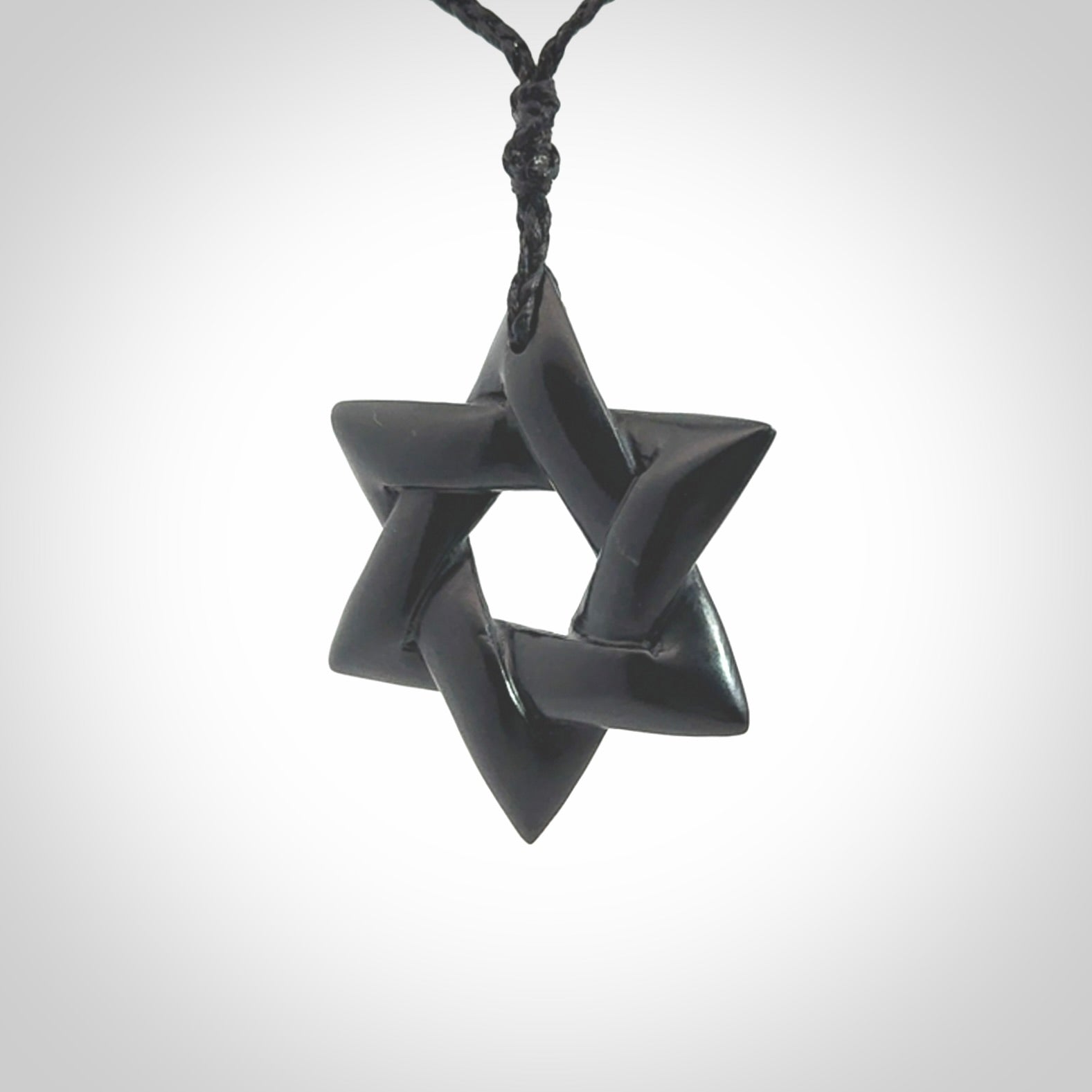 Hand carved Australian Black Jade Magen David pendant. Hand made Black Jade Star of David necklace.