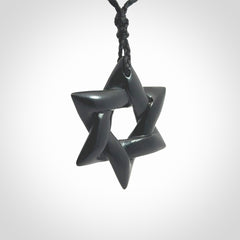 Hand carved Australian Black Jade Magen David pendant. Hand made Black Jade Star of David necklace.