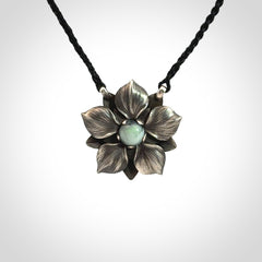 Hand crafted silver manuka flower pendant with jade insert