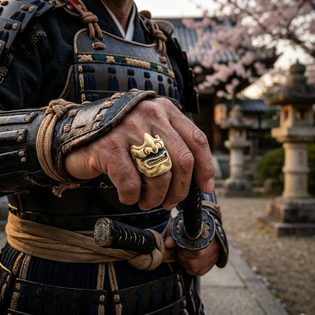 Person in samurai armor wearing a menpo ring