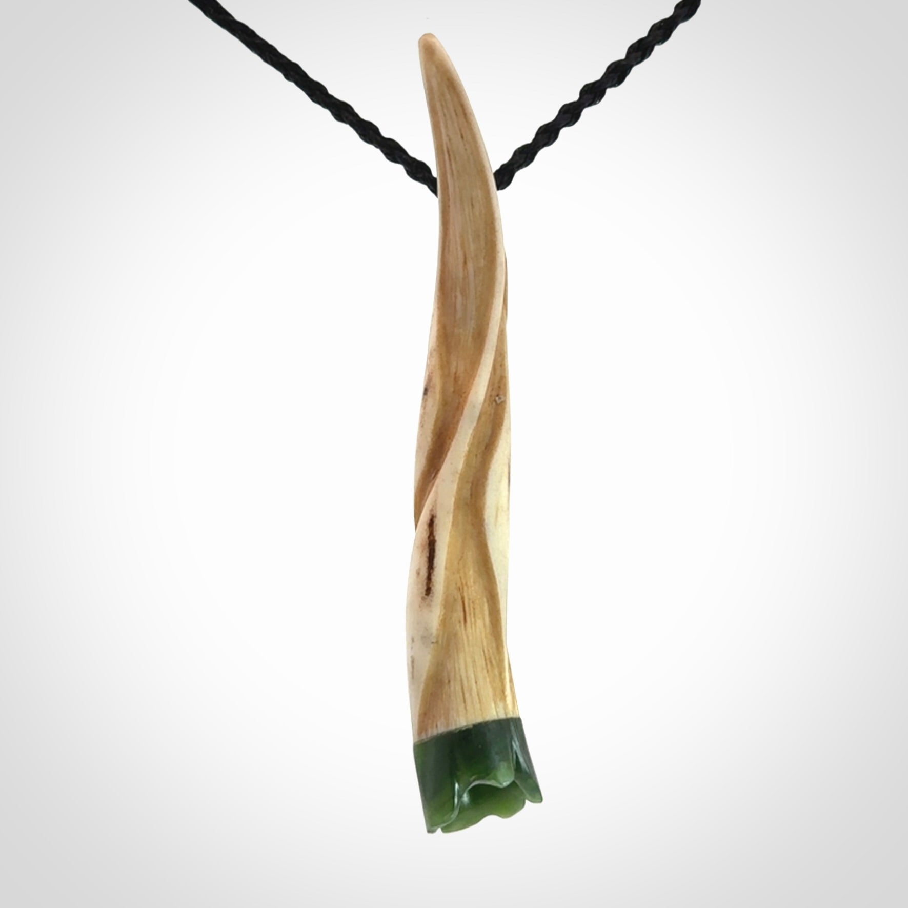 Drop pendant Hand Carved in Deer Antler and Jade